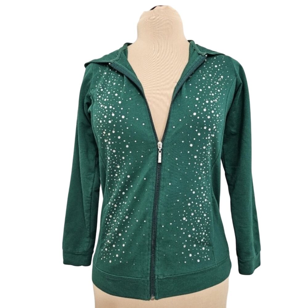 Quacker Factory Rhinestone Beaded Full Zip Cotton Hooded Pocket Jacket XXS